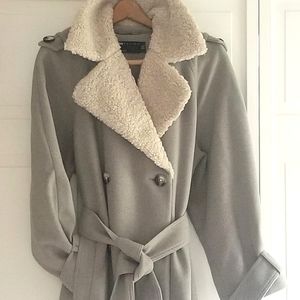 Sophisticated, generous, belted, pea coat trench, size 8,10 Mushroom as pictured